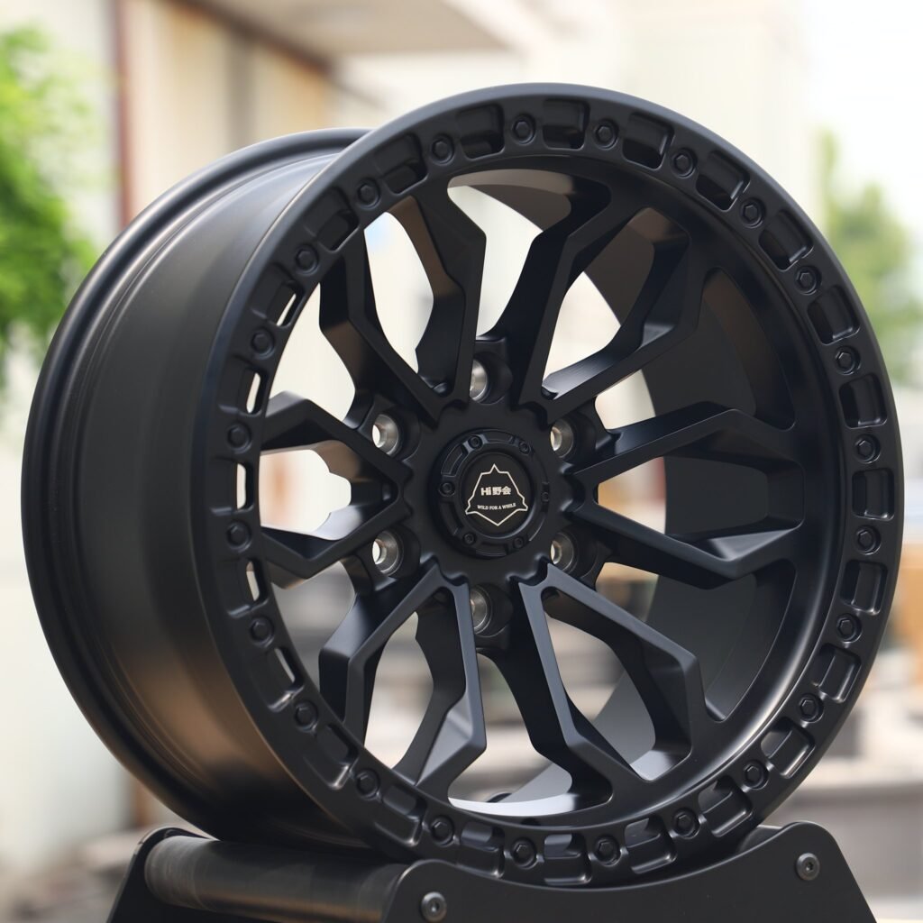 6x135 wheels – Matte Black Petal Exposed Bolt Detail, side view