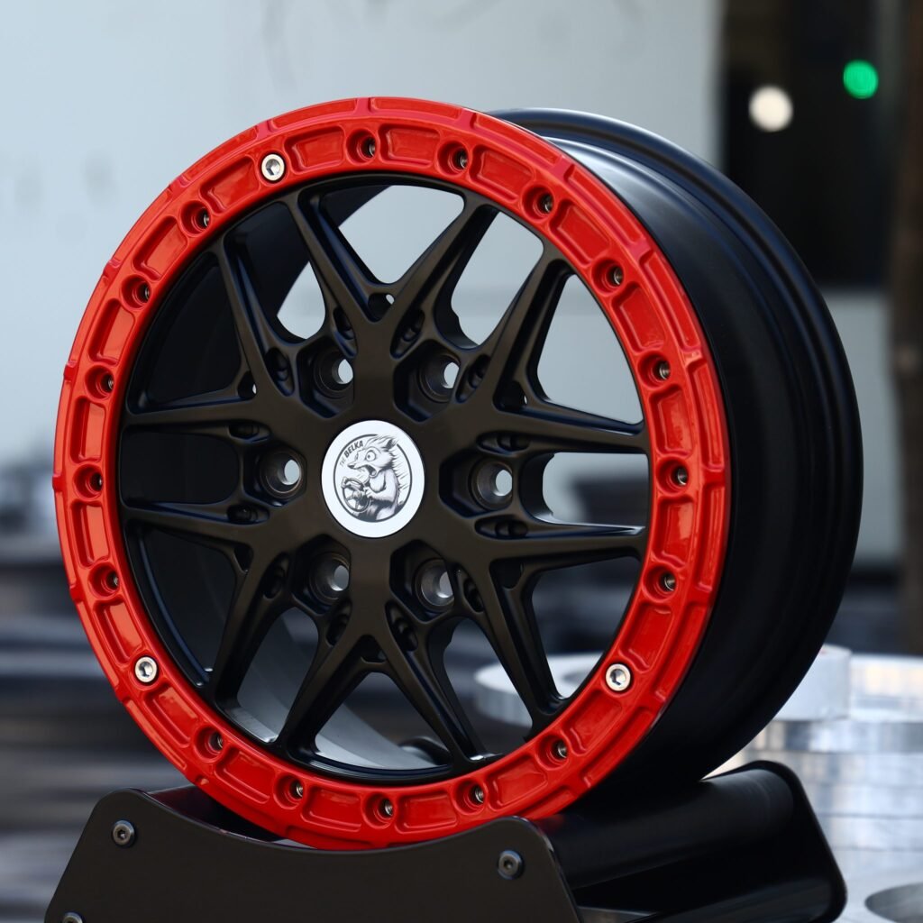Chevrolet Silverado wheels – Matte Black / Red 6 Y-Spoke, angled view