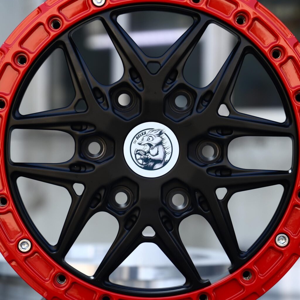 Toyota 4Runner wheels – Matte Black / Red 6 Y-Spoke, lip and barrel detail