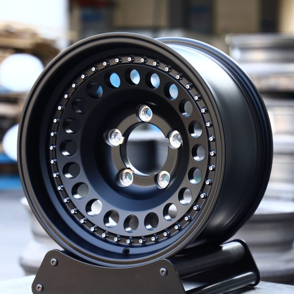 Toyota Land Cruiser wheels – Matte Black Semi-Full-Face Riveted, angled view