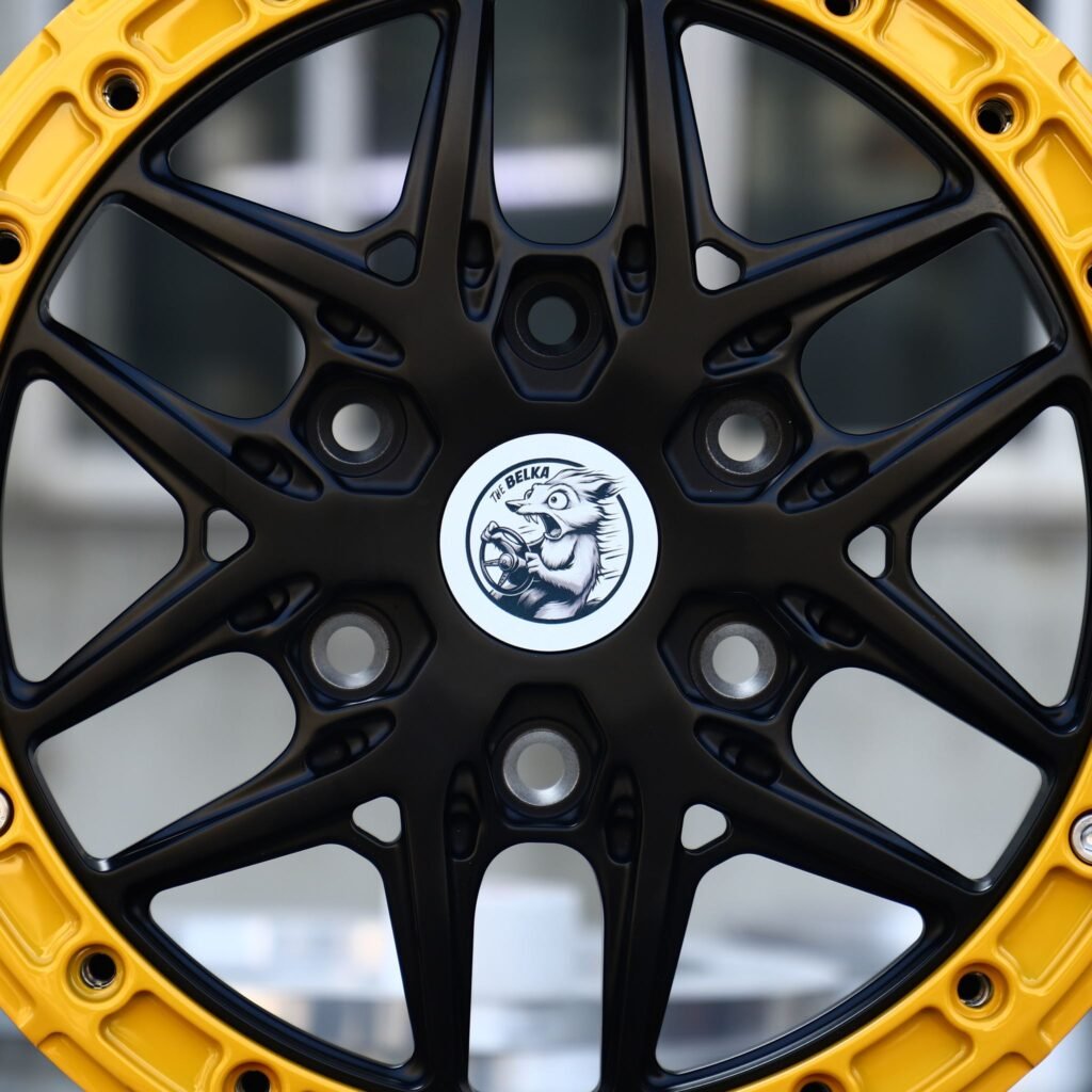Toyota 4Runner wheels – Matte Black / Yellow 6 Y-Spoke, lip and barrel detail
