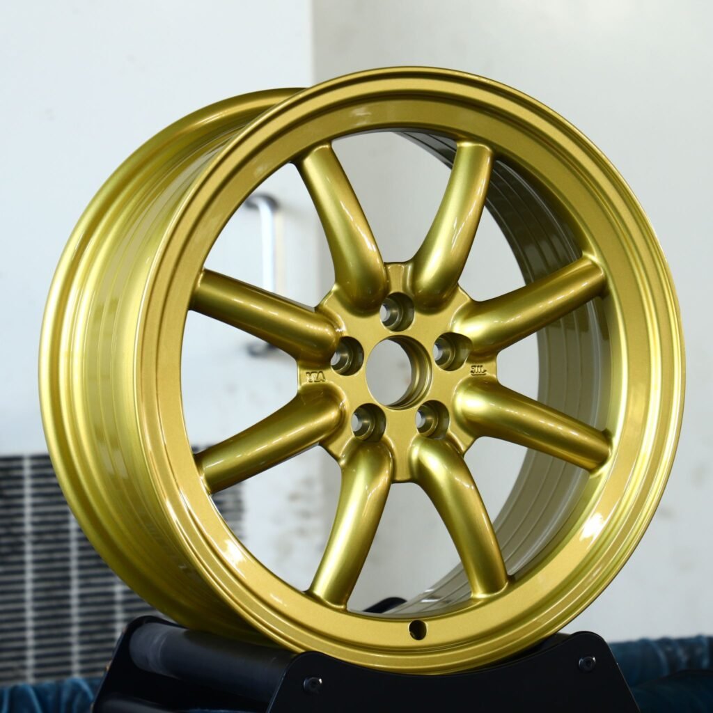 BMW M3 wheels – Matte Gold 8-Spoke Deep Lip, angled view