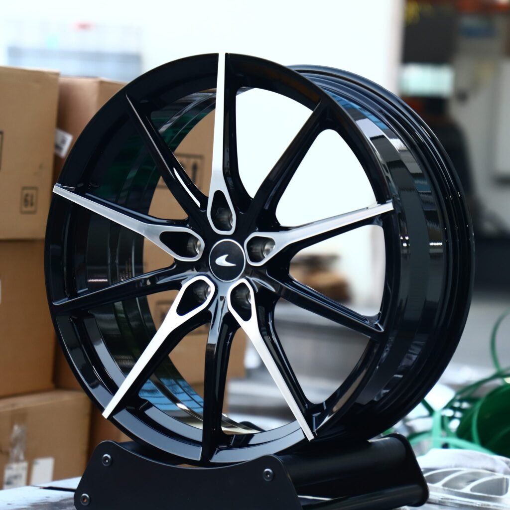 McLaren 650S wheels – Black / Machined 10-Spoke Machined Face (McLaren OEM-Style), angled view