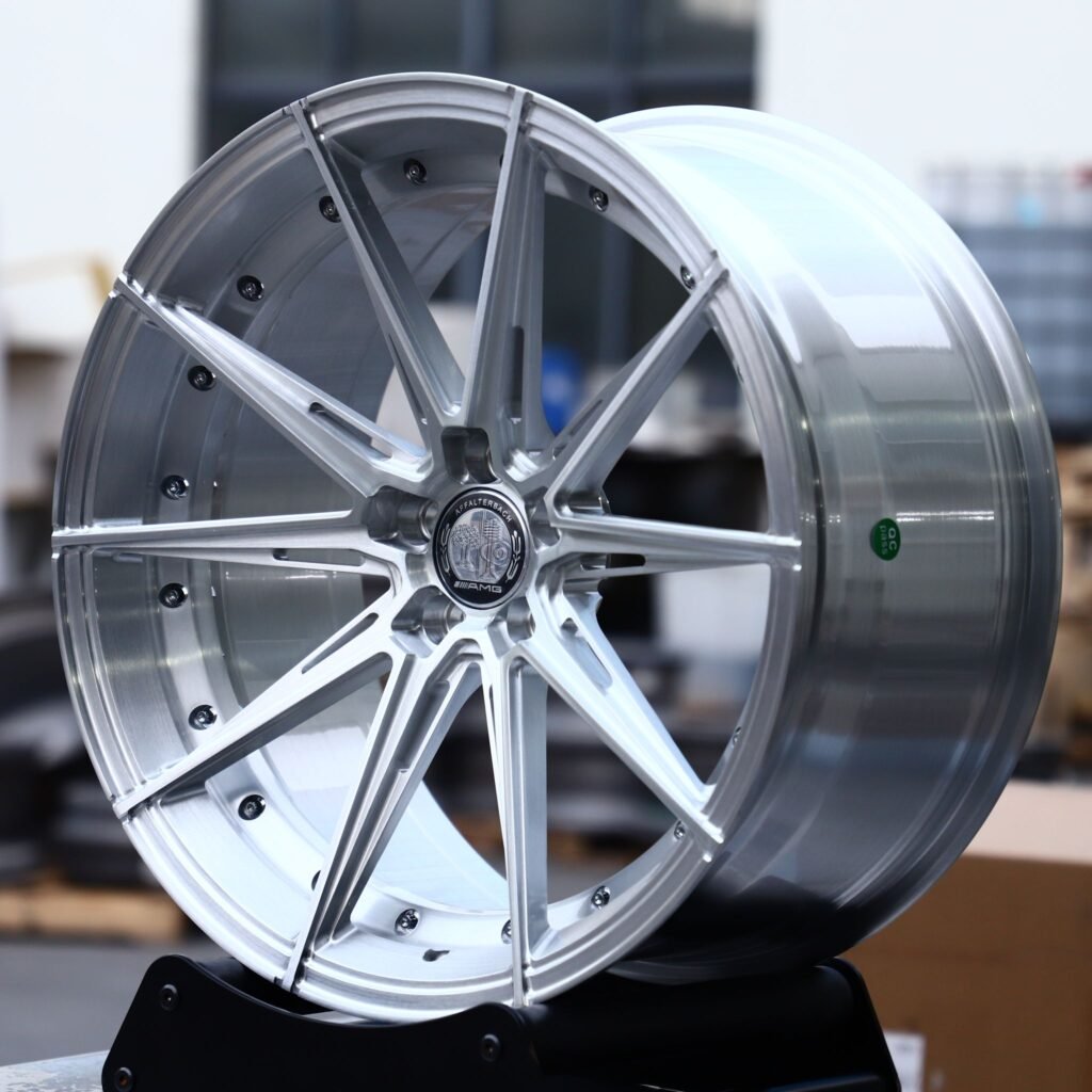BMW M3 wheels – Matte Silver 2-Piece 10-Spoke Side-Milled, angled view