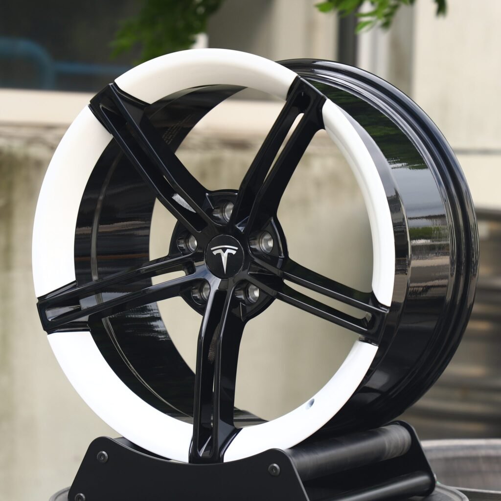 Tesla Model S wheels – Matte Silver 5-Spoke, angled view