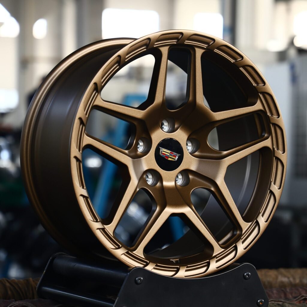 Cadillac CT6 wheels – Matte Silver 5 Y-Spoke (Cadillac OEM-Style), angled view