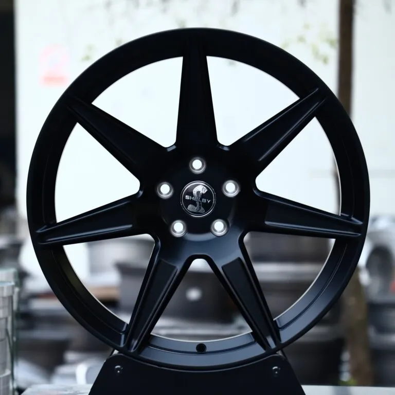 Ford Mustang wheels – Matte Silver 7-Spoke (Shelby-Style), front view