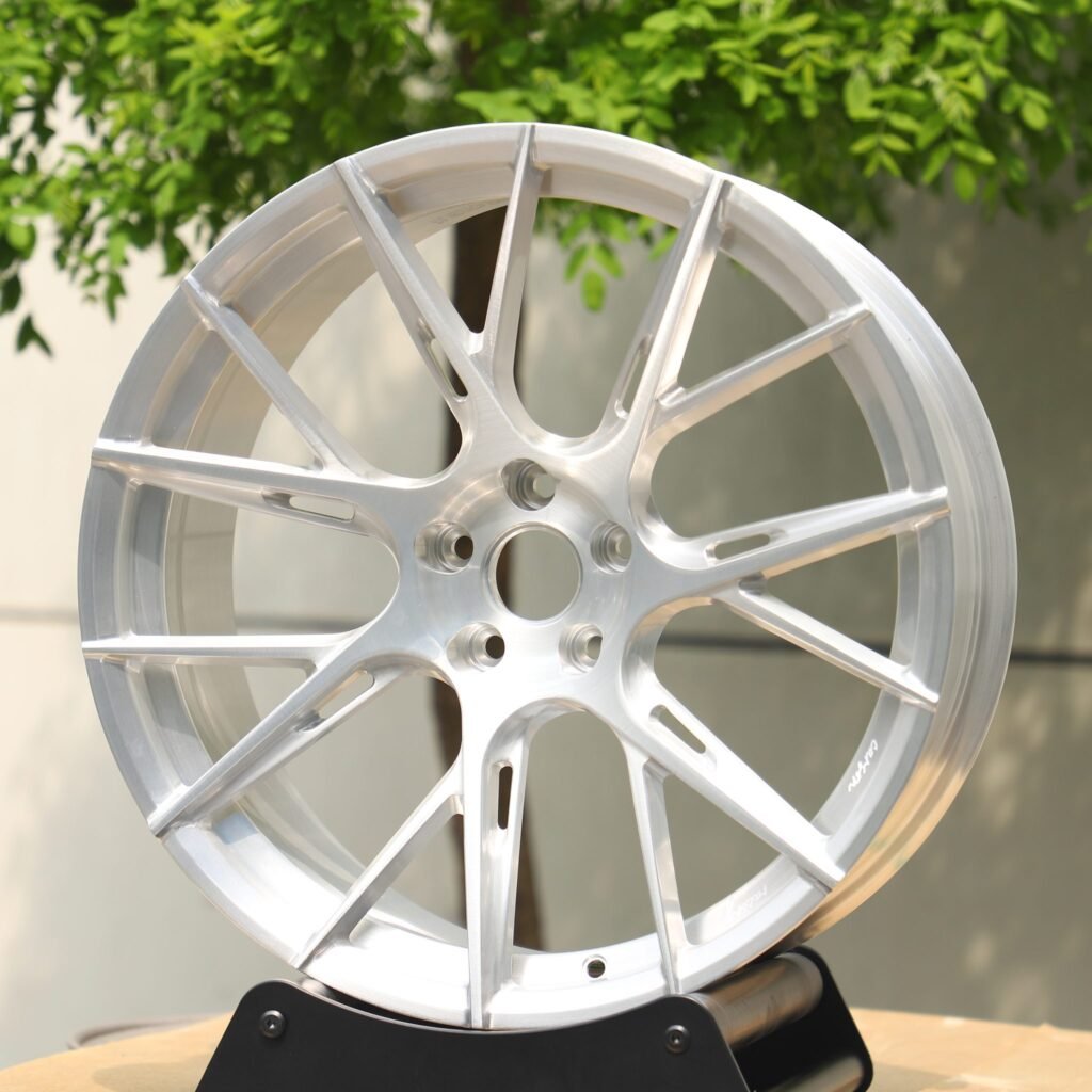 BMW M3 G80 wheels – Matte Silver 7 Y-Spoke Side-Milled, angled view
