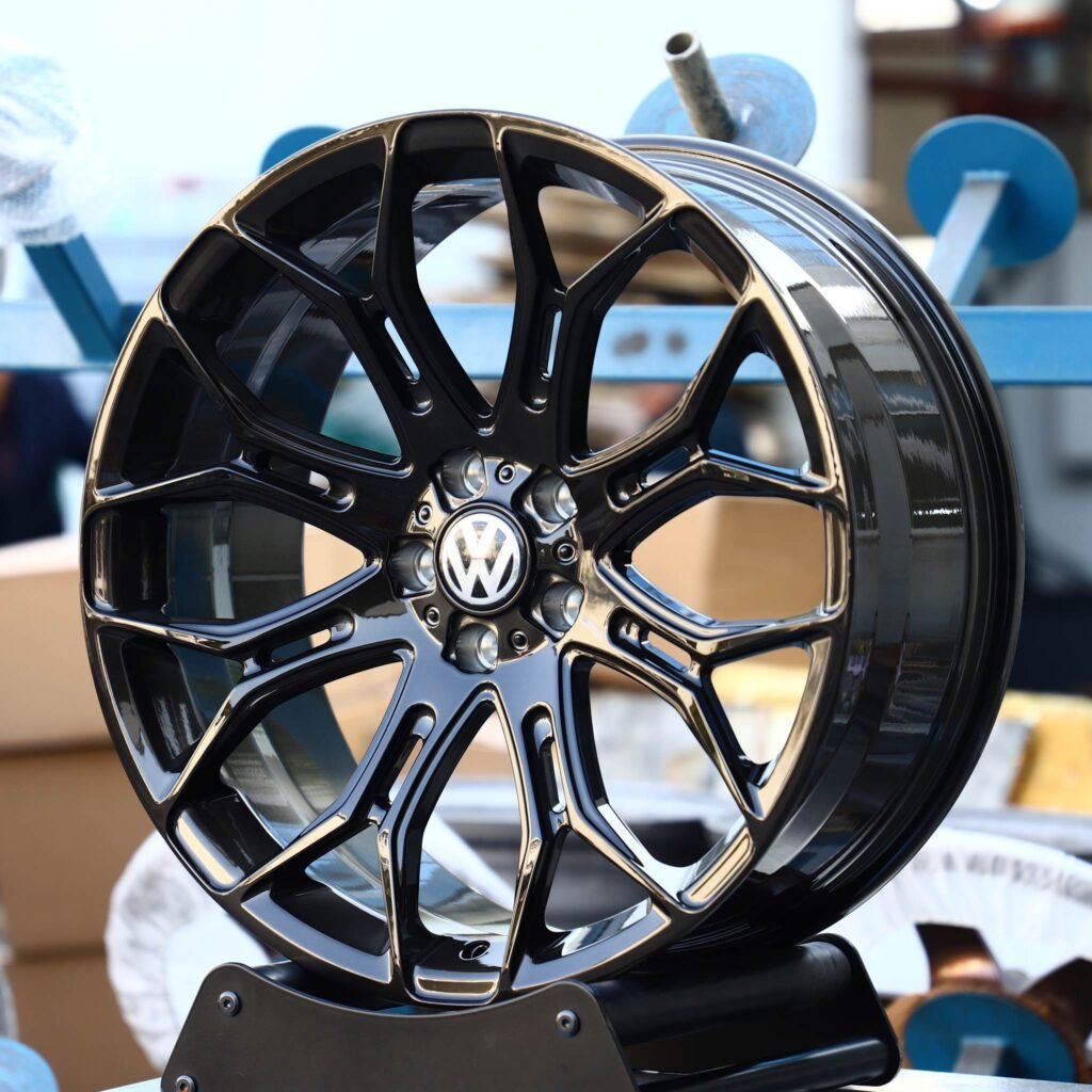 Volkswagen Golf R wheels – Matte Silver 8 Y-Spoke Side-Milled (Volkswagen OEM-Style), angled view
