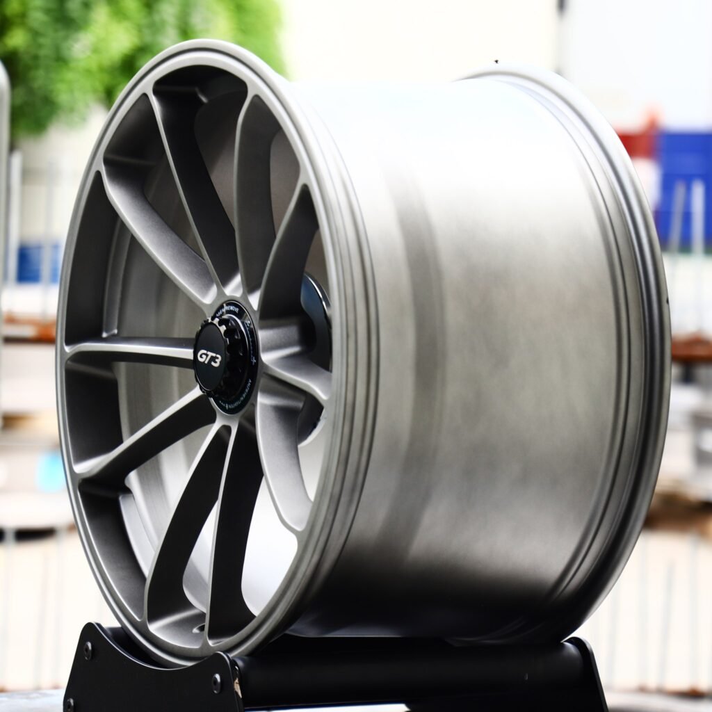 Porsche 911 991 wheels – Matte Silver Center-Lock 5 V-Spoke (Porsche OEM-Style), angled view