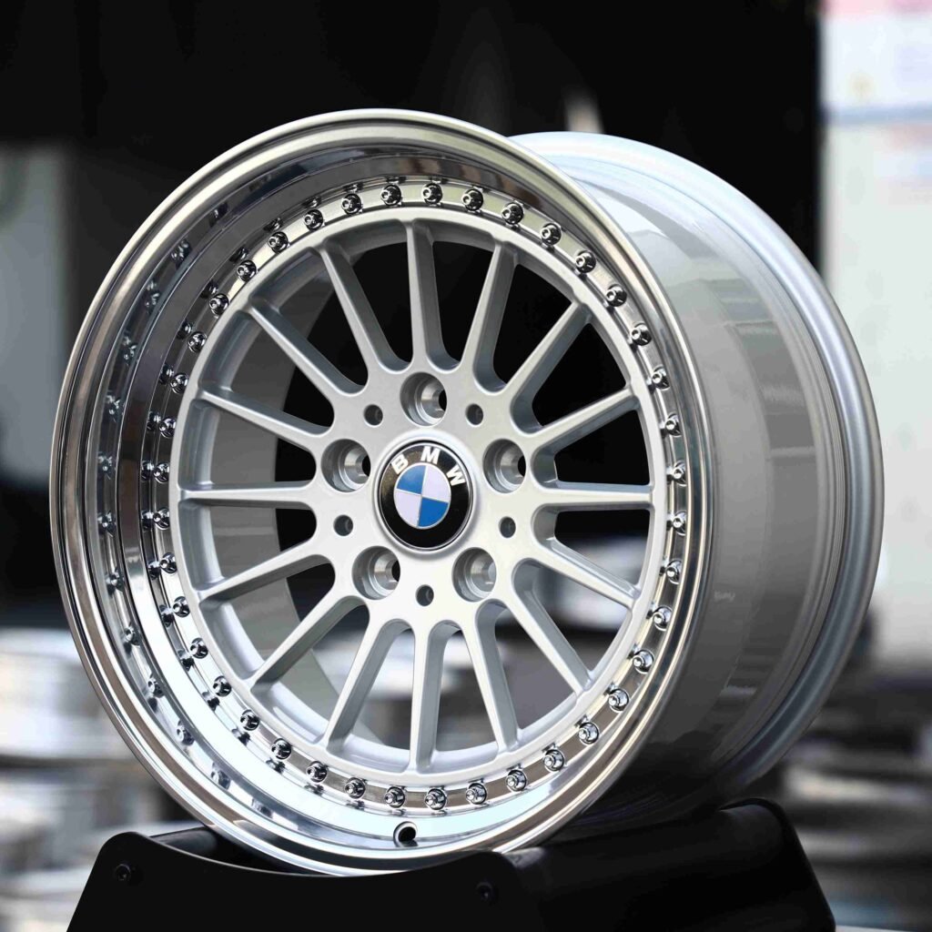 BMW M5 wheels – Matte Silver Deep Lip Riveted, angled view