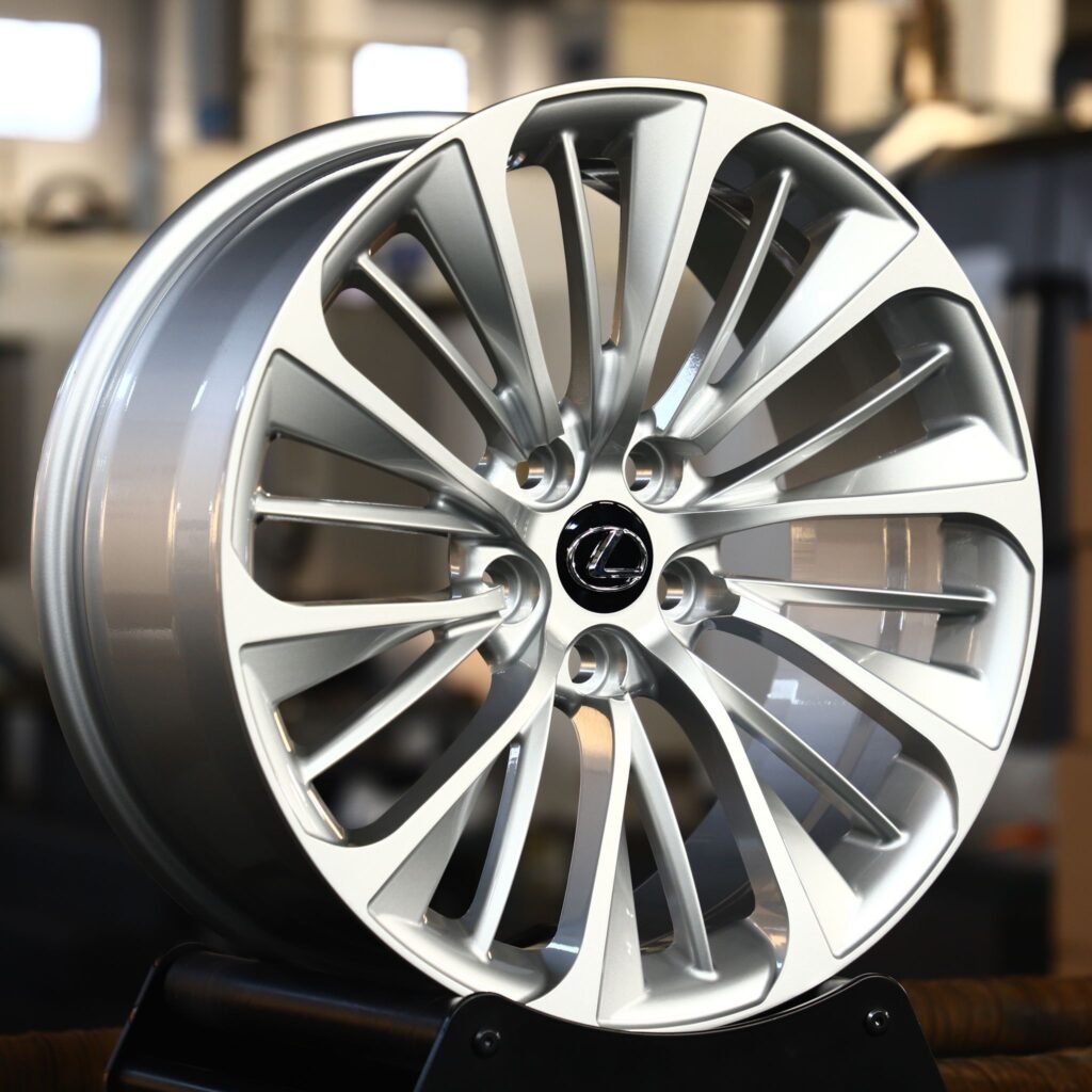 Lexus LS wheels – Matte Silver Directional Milled, angled view