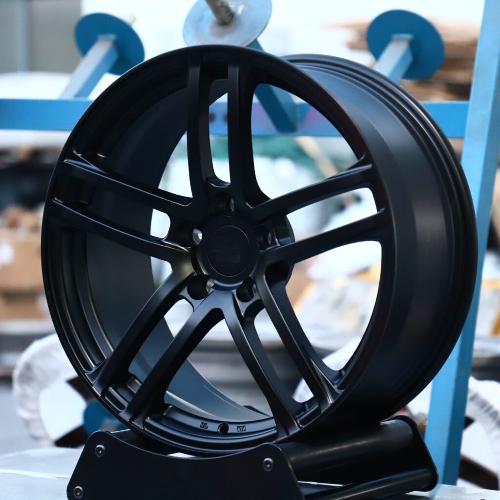 Tesla Model Y wheels – Matte Silver Double 5-Spoke, angled view