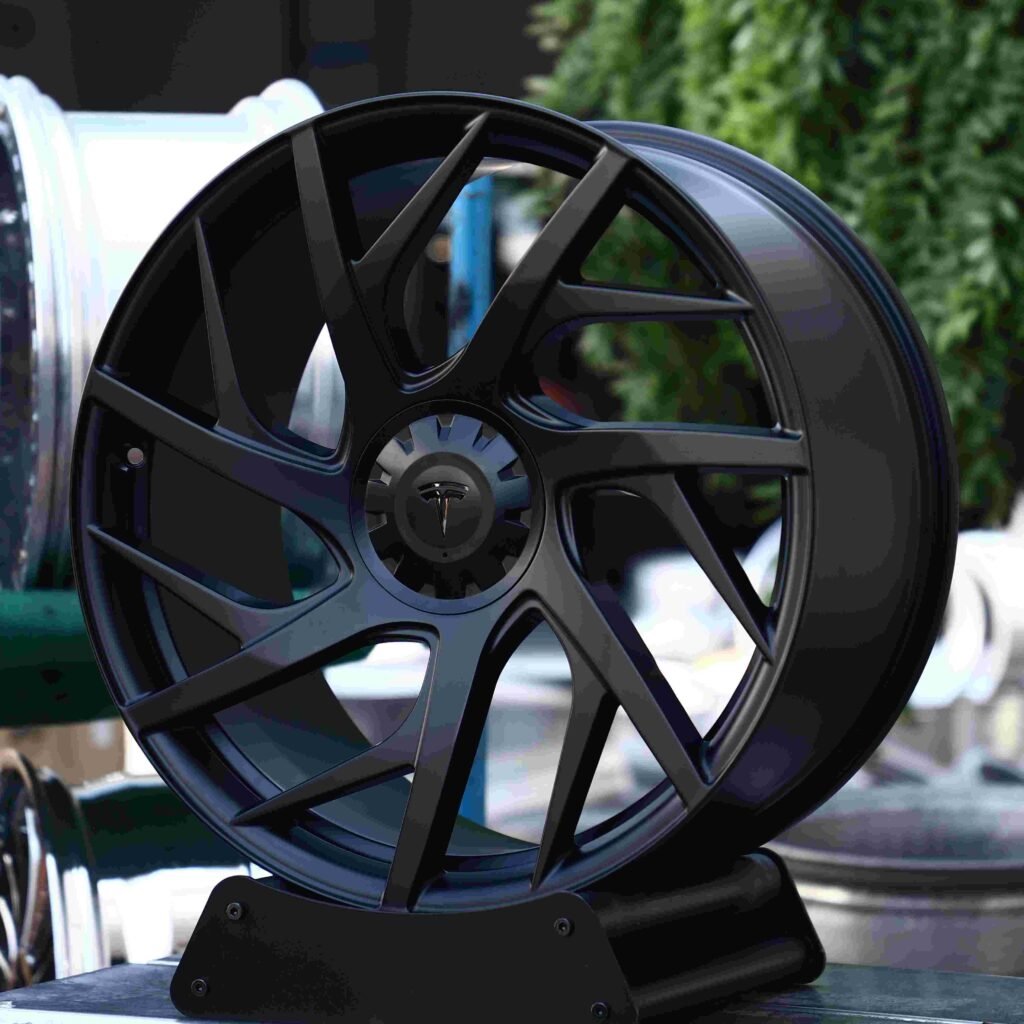 Tesla Model S wheels – Matte Silver Center-Lock, angled view