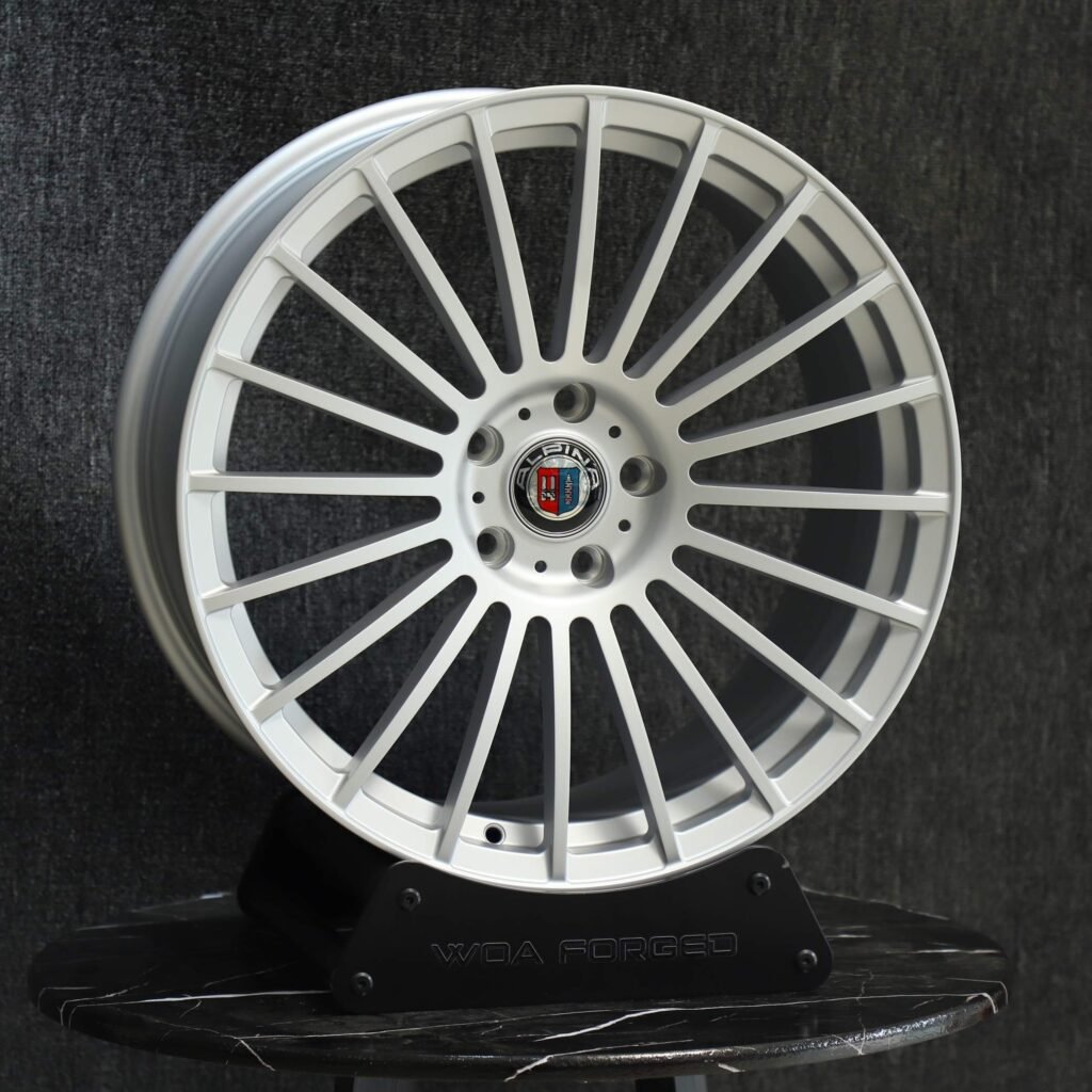 Alpina-Style Gloss White 20-Spoke Forged Wheels – BMW M3 G80 / M4 G82, angled view
