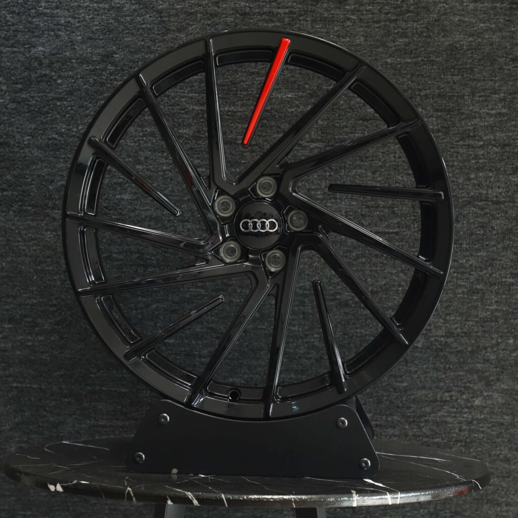 Tesla Model 3 wheels – Matte Silver Split Directional Milled, front view