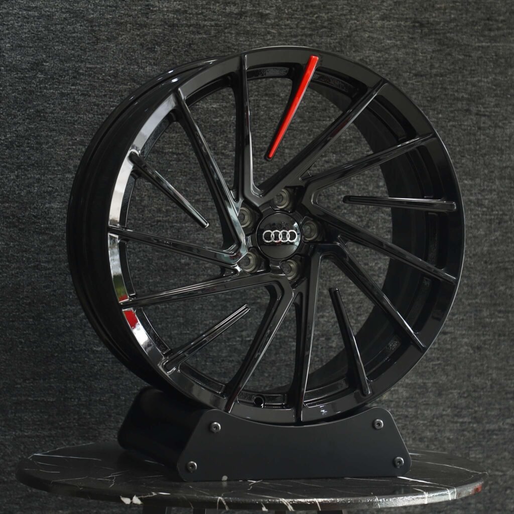 Tesla Model Y wheels – Matte Silver Split Directional Milled, angled view