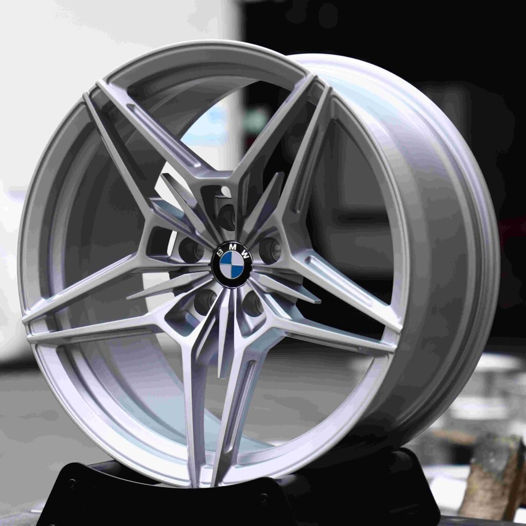 BMW M3 G80 wheels – Matte Silver Split, angled view