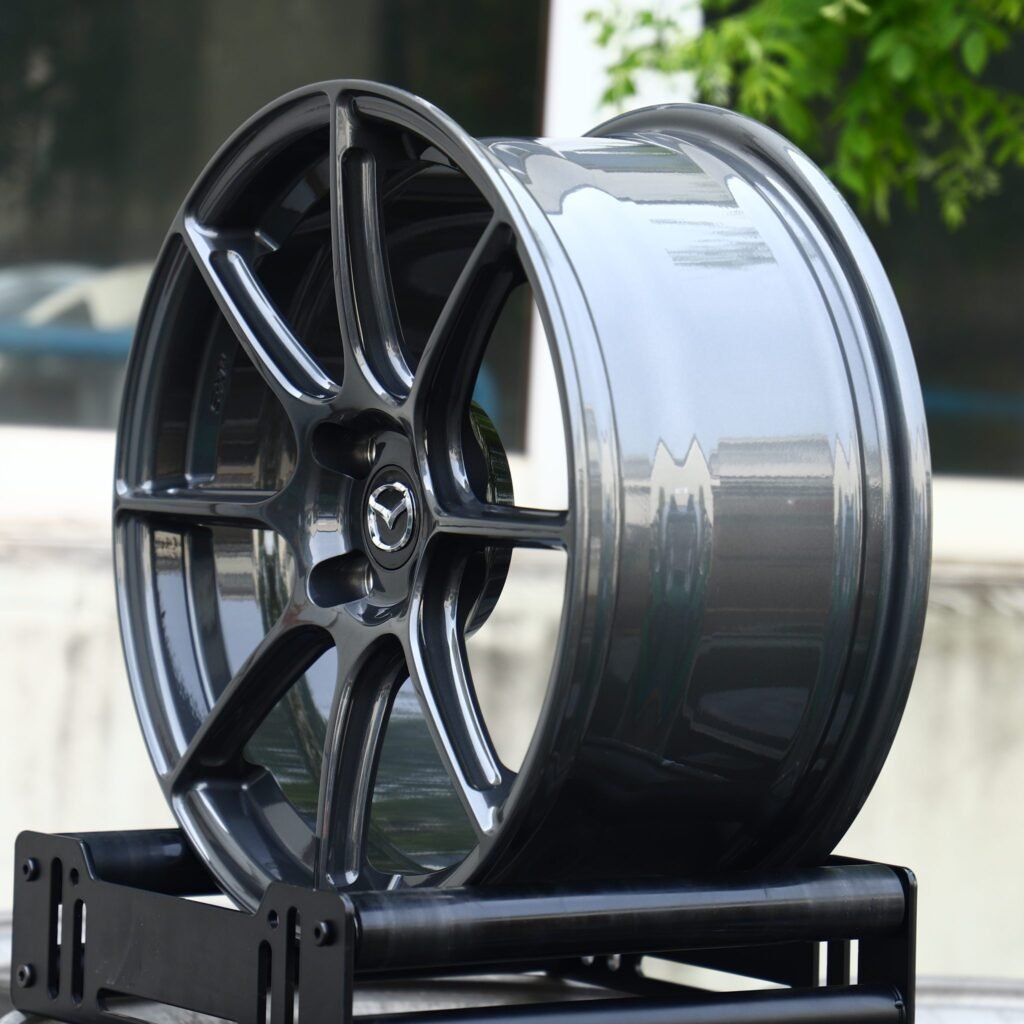 5x114.3 wheels – Gunmetal 10-Spoke (Mazda OEM-Style), side view