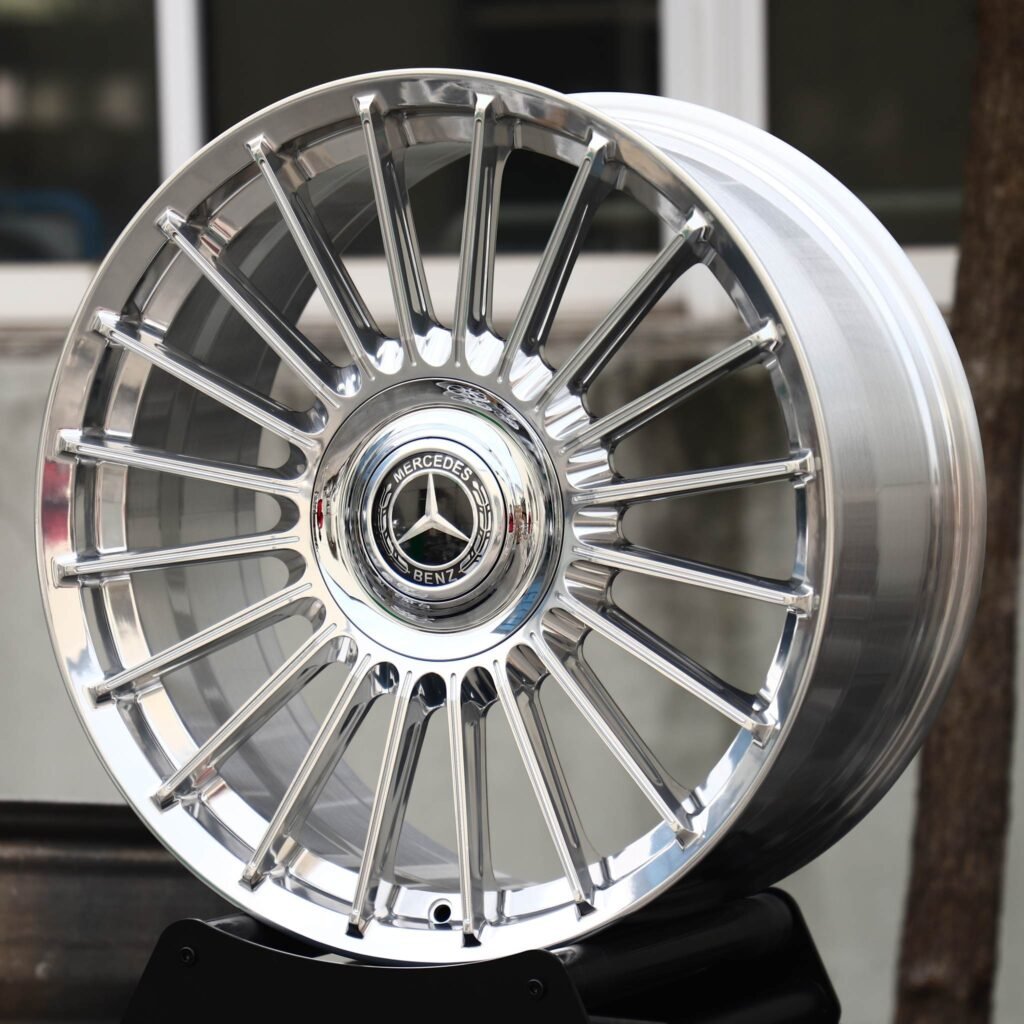 Mercedes-Benz S-Class wheels – Hyper Silver 20-Spoke Polished Lip (Mercedes-Benz OEM-Style), angled view