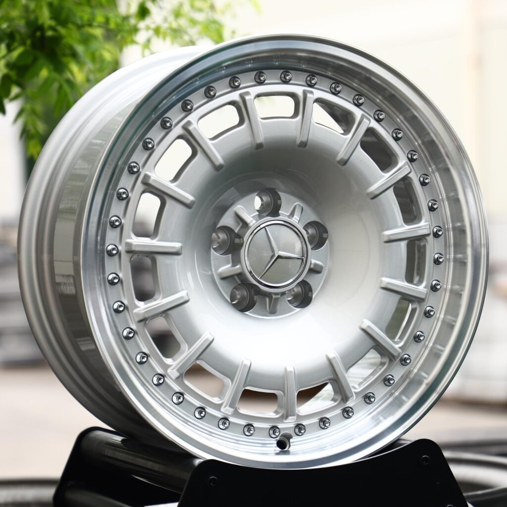 Mercedes-Benz S-Class wheels – Silver Slotted Riveted 2-Piece (Mercedes-Benz OEM-Style), angled view