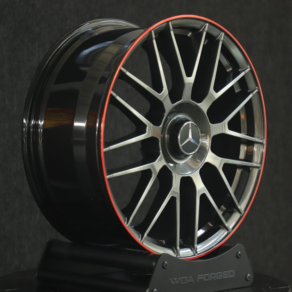 5x112 wheels – Gunmetal / Red Ring Mesh Machined Face, side view