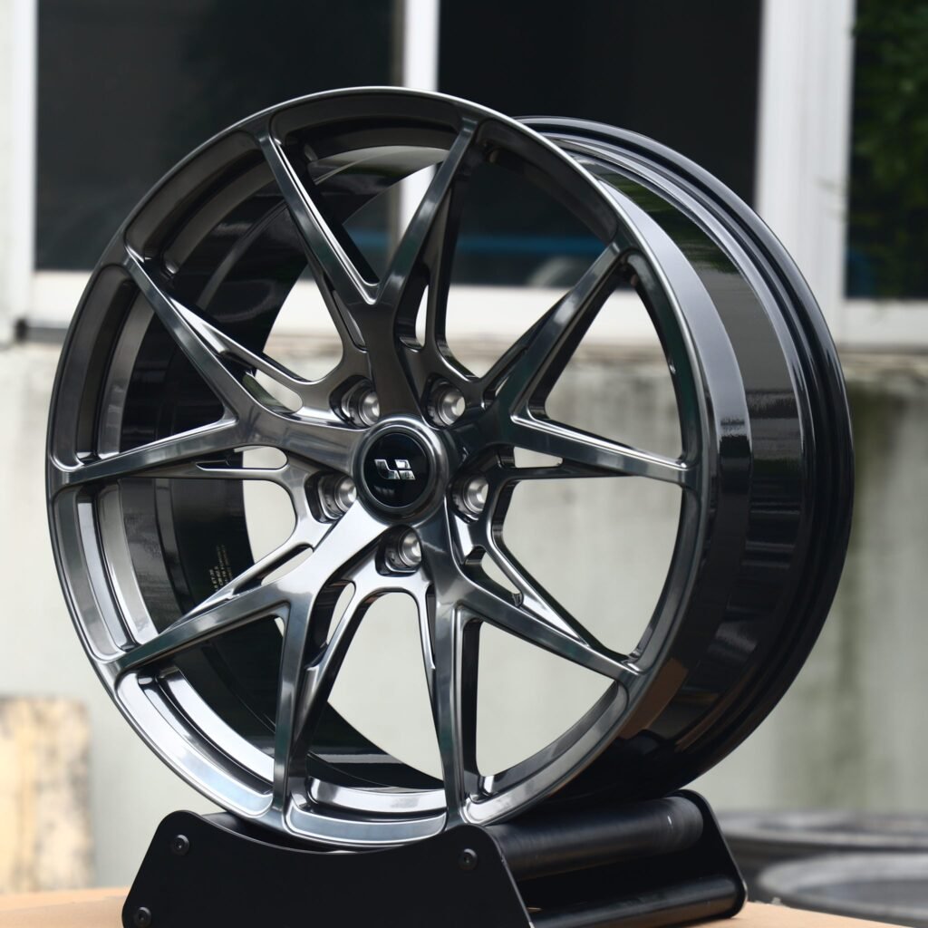Tesla Model Y wheels – Metallic Gray 5 Y-Spoke Side-Milled, angled view