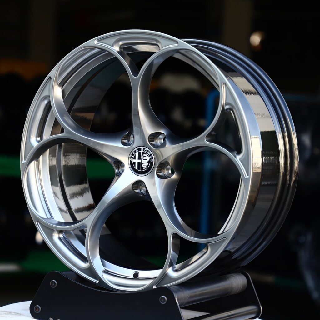 Alfa Romeo Stelvio wheels – Metallic Gray Custom (Alfa Romeo OEM-Style), angled view