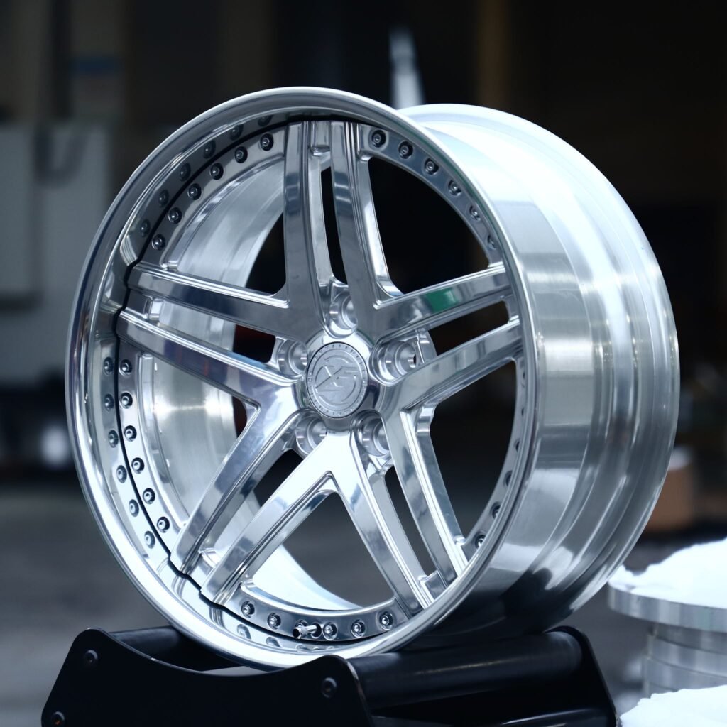 Audi R8 wheels – Mirror Polished 5 Split-Spoke Deep Dish 2-Piece, angled view