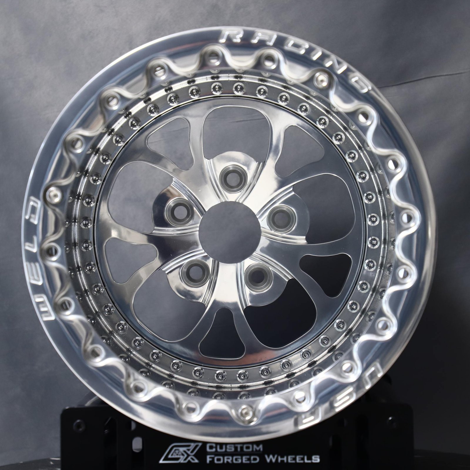 Ford Mustang wheels – Mirror Polished 5-Spoke 3-Piece, front view