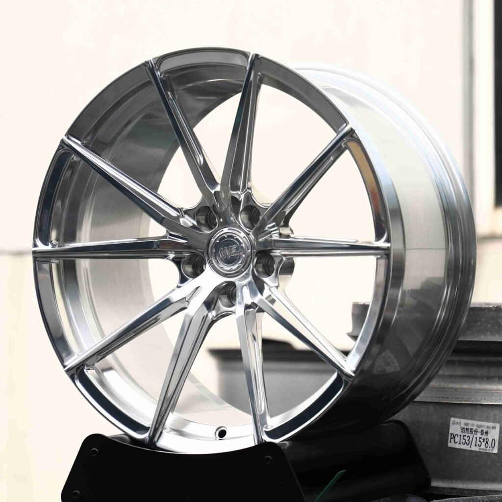 BMW M3 G80 wheels – Mirror Polished Silver 5 V-Spoke (Wheelforce-Style), angled view