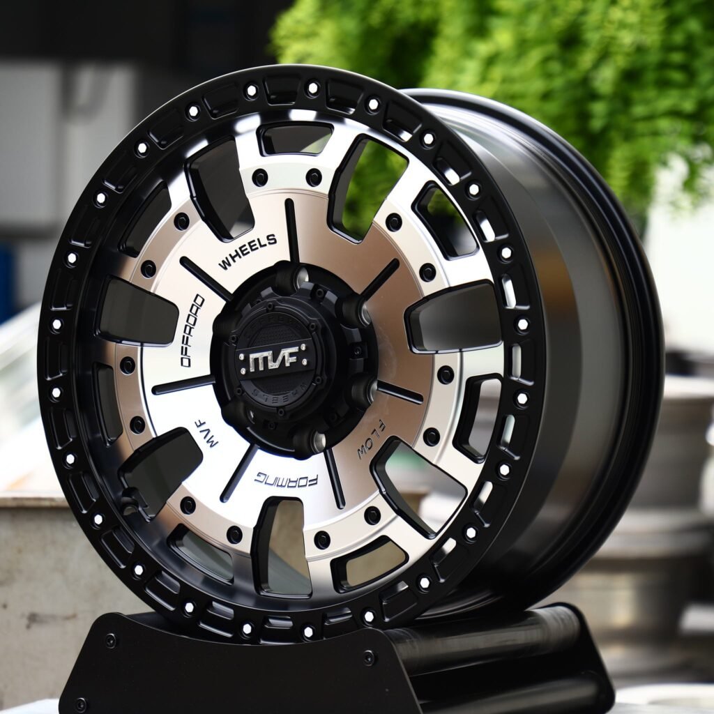 Toyota Tacoma wheels – Black / Machined 5-Spoke Beadlock (MVF-Style), angled view