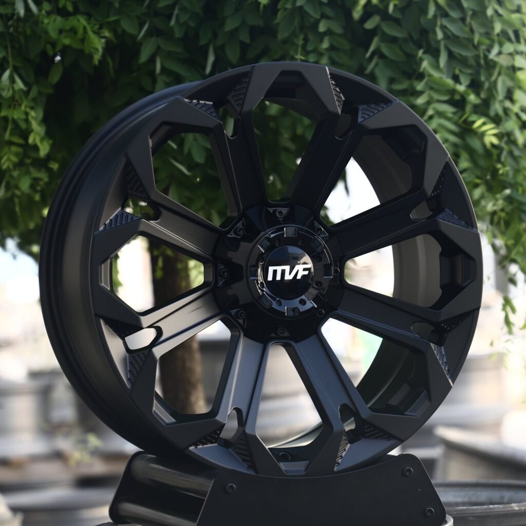 Chevrolet Silverado 1500 wheels – Gloss Black 8-Spoke (MVF-Style), angled view