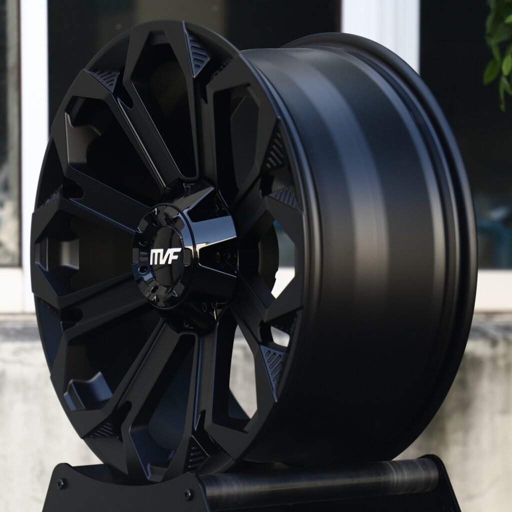 6x135 wheels – Gloss Black 8-Spoke (MVF-Style), side view