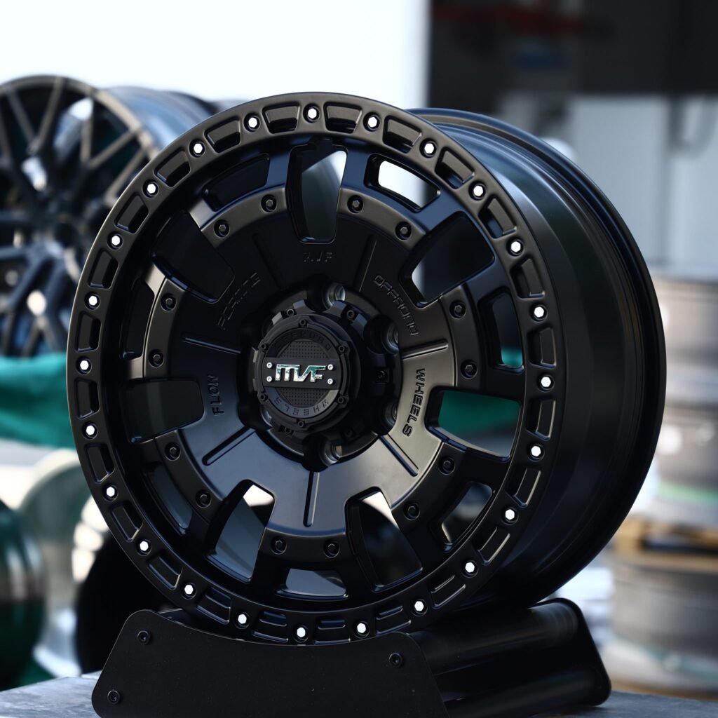Chevrolet Silverado 1500 wheels – Matte Black 5-Spoke Beadlock (MVF-Style), angled view