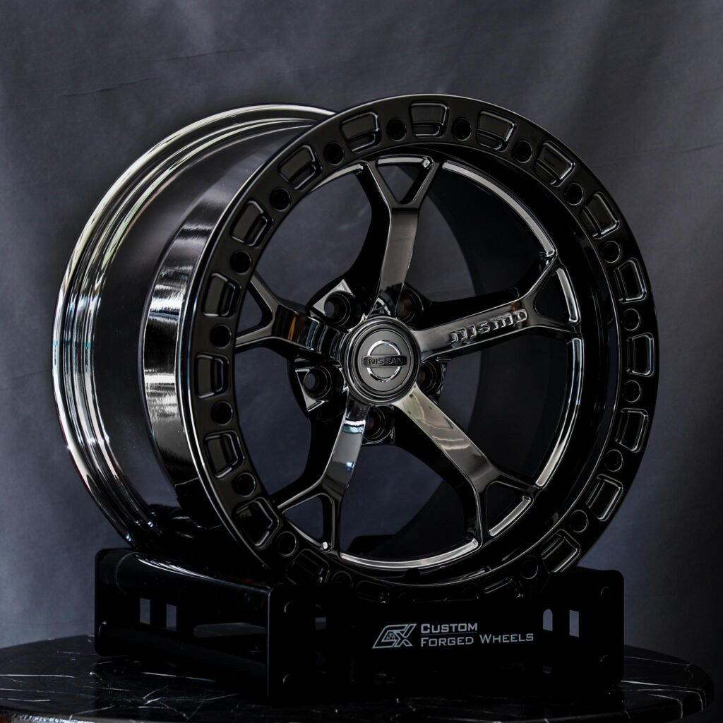 Nissan 370Z wheels – Nissan Nismo Black Chrome 5-Spoke Beadlock, angled view