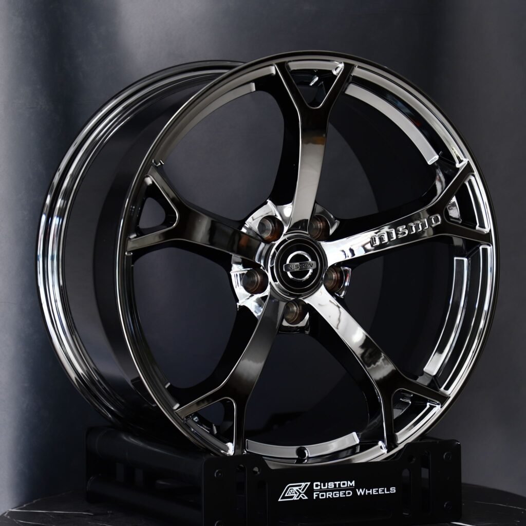 Nissan 370Z wheels – Nissan Nismo Black Chrome 5-Spoke, angled view