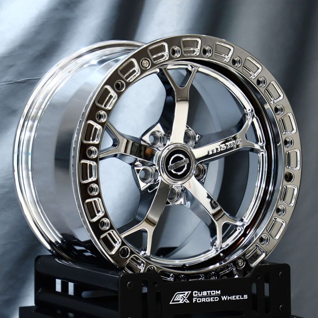 Nissan 370Z wheels – Nissan Nismo Chrome 5-Spoke Beadlock, angled view