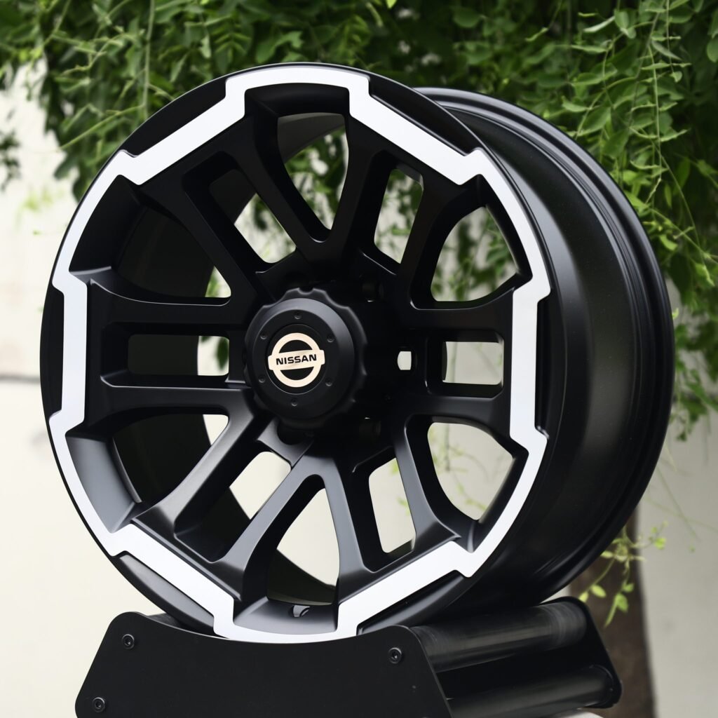 Nissan Frontier wheels – Black / Machined 6 Y-Spoke (Nissan OEM-Style), angled view