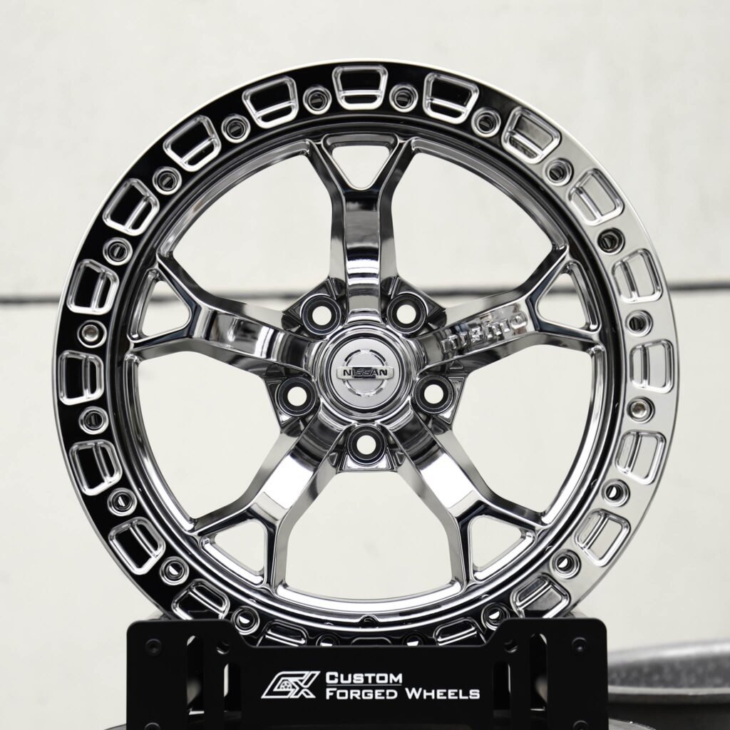 Nissan GT-R wheels – Chrome 5 Y-Spoke Beadlock (Nissan OEM-Style), front view