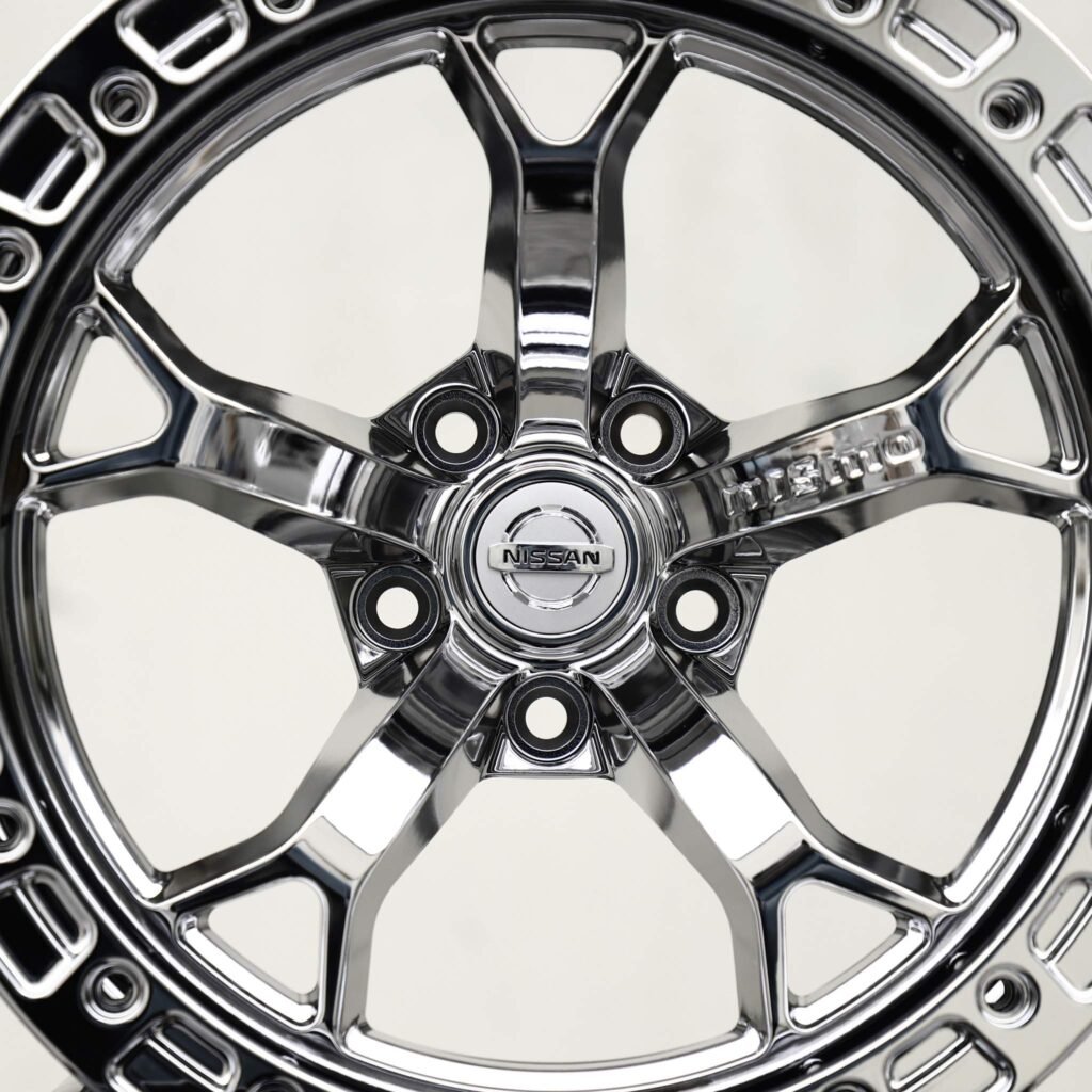 Nissan 370Z wheels – Chrome 5 Y-Spoke Beadlock (Nissan OEM-Style), angled view