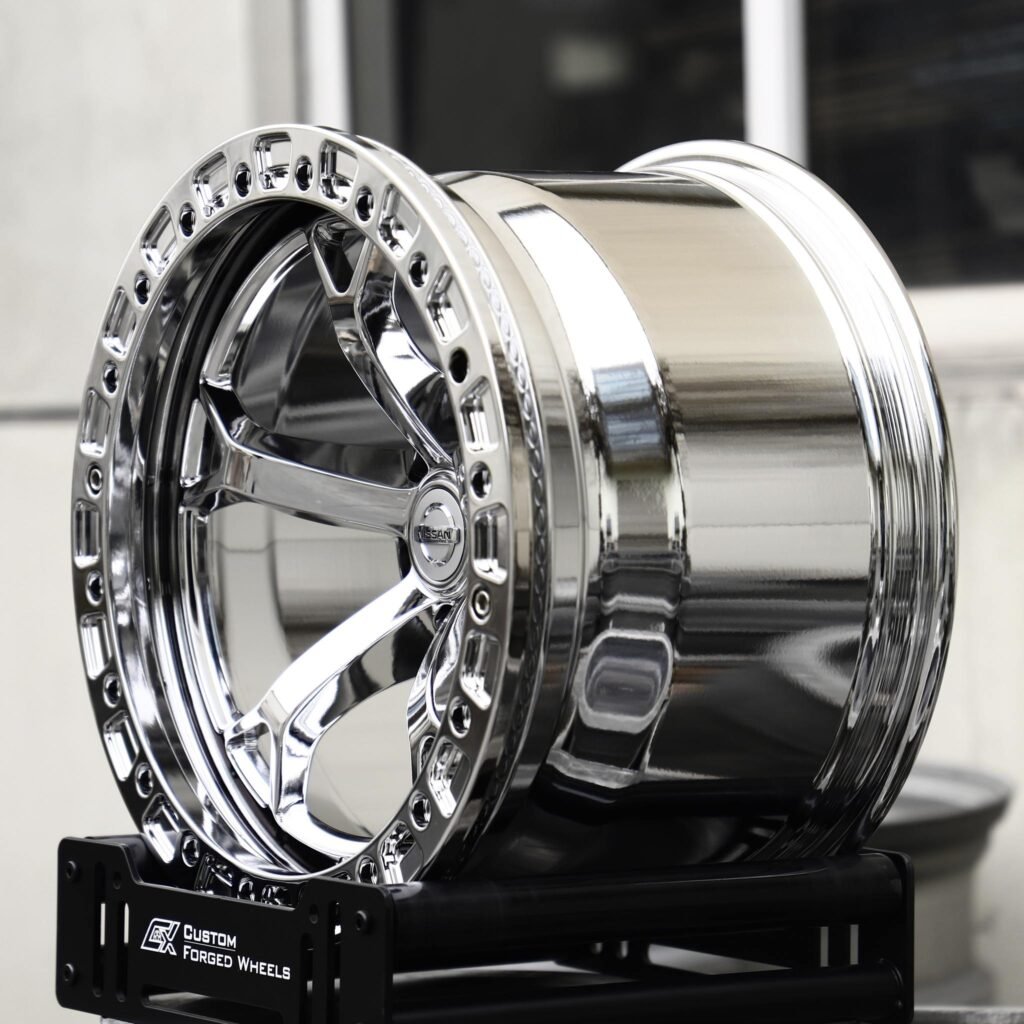 Nissan 350Z wheels – Chrome 5 Y-Spoke Beadlock (Nissan OEM-Style), lip and barrel detail