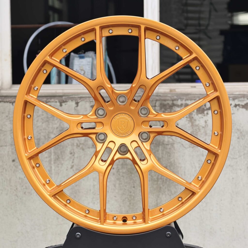 Orange 6 Y-Spoke Riveted Bolt Detail Forged Wheels - Audi A6 / BMW 5 Series Fitment (5-Lug) Deep Dish forged wheel