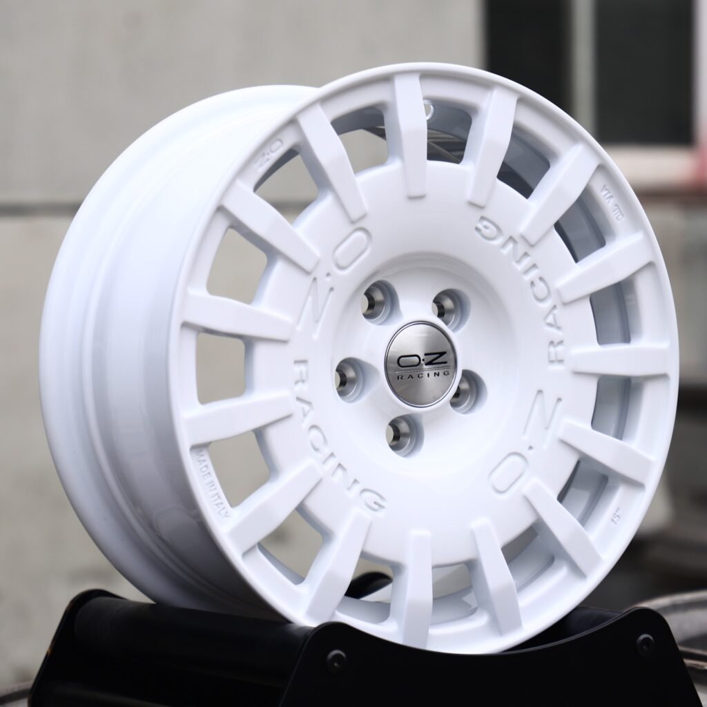 Subaru WRX wheels – OZ Racing Gloss White Full-Face, angled view