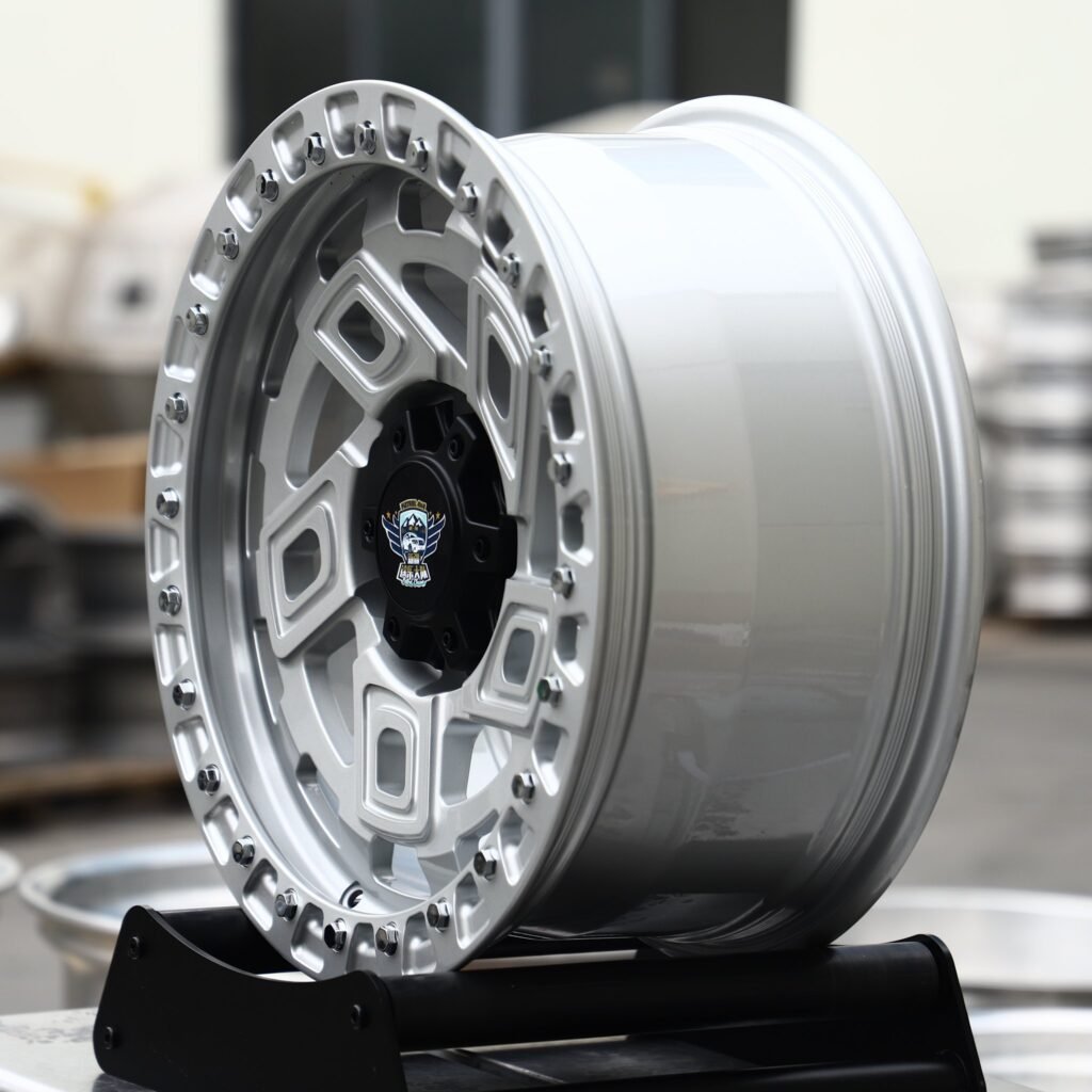 6x139.7 wheels – Bright Silver Geometric Beadlock (Patrol 4×4-Style), side view