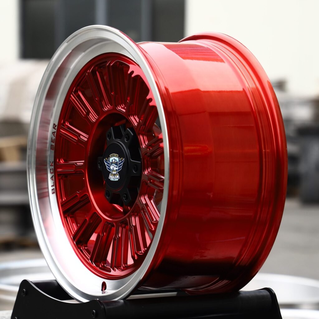 6x139.7 wheels – Candy Red 16-Spoke Polished Lip (Patrol 4×4-Style), side view