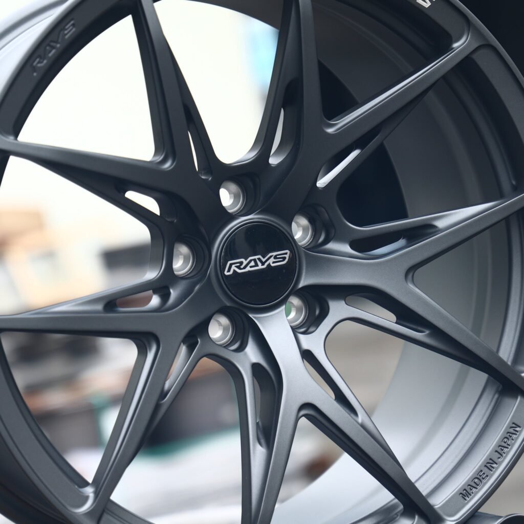 Toyota GR Supra wheels – Patsha Gloss Black / Gunmetal 5 Y-Spoke (Rays-Style), lip and barrel detail