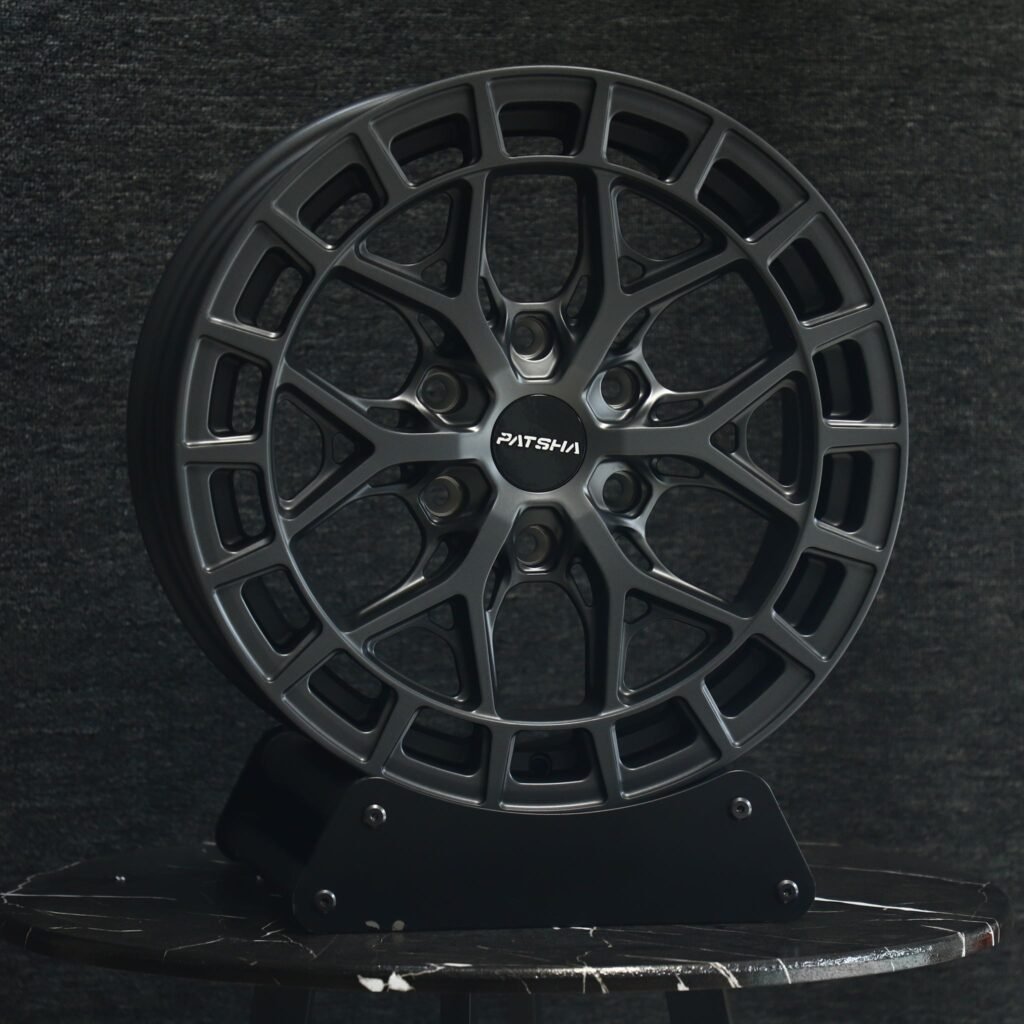 Toyota Tacoma wheels – Patsha Gray Double Ring Lip, angled view