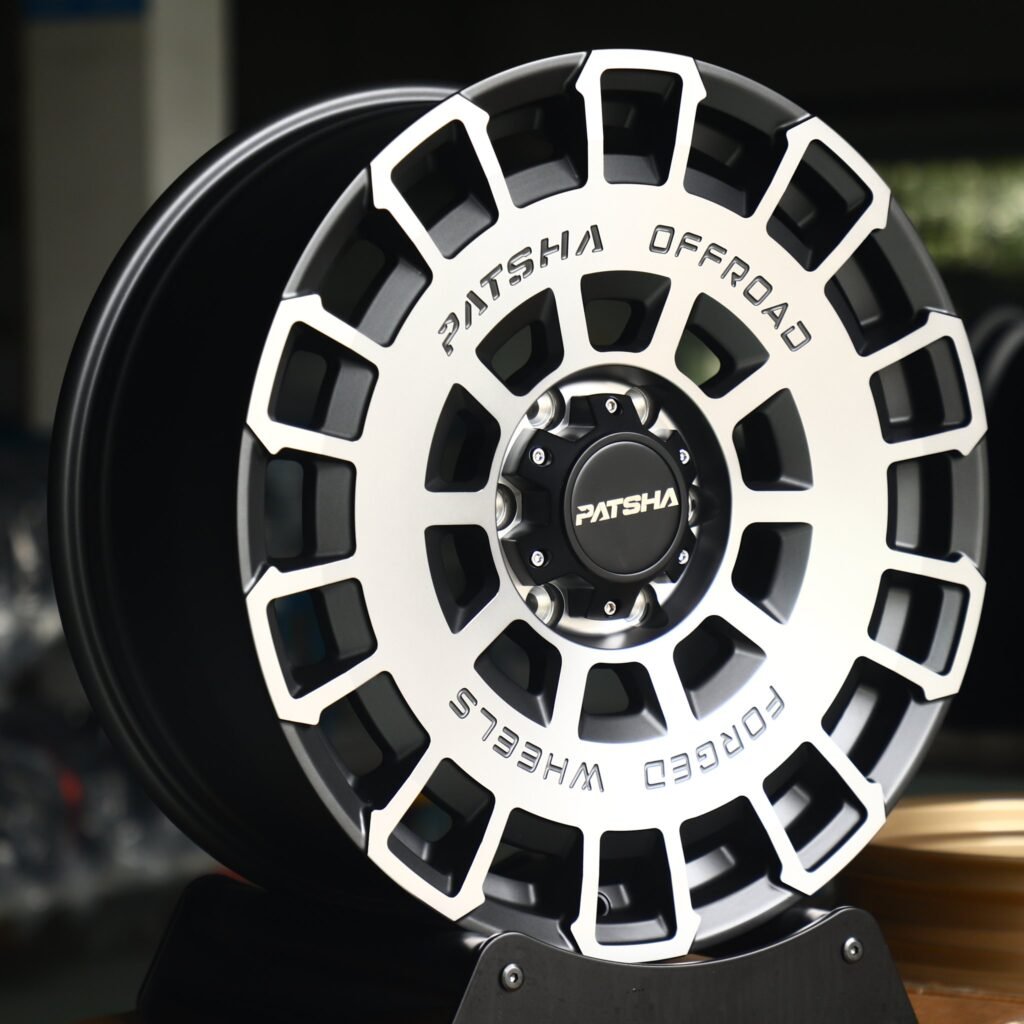 Toyota Tacoma wheels – Patsha Gray Machined Face, angled view