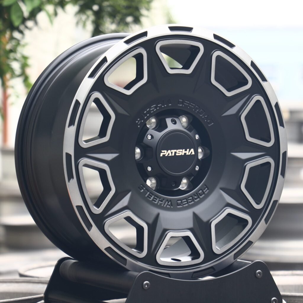 Toyota Tacoma wheels – Patsha Gray Machined Face, angled view